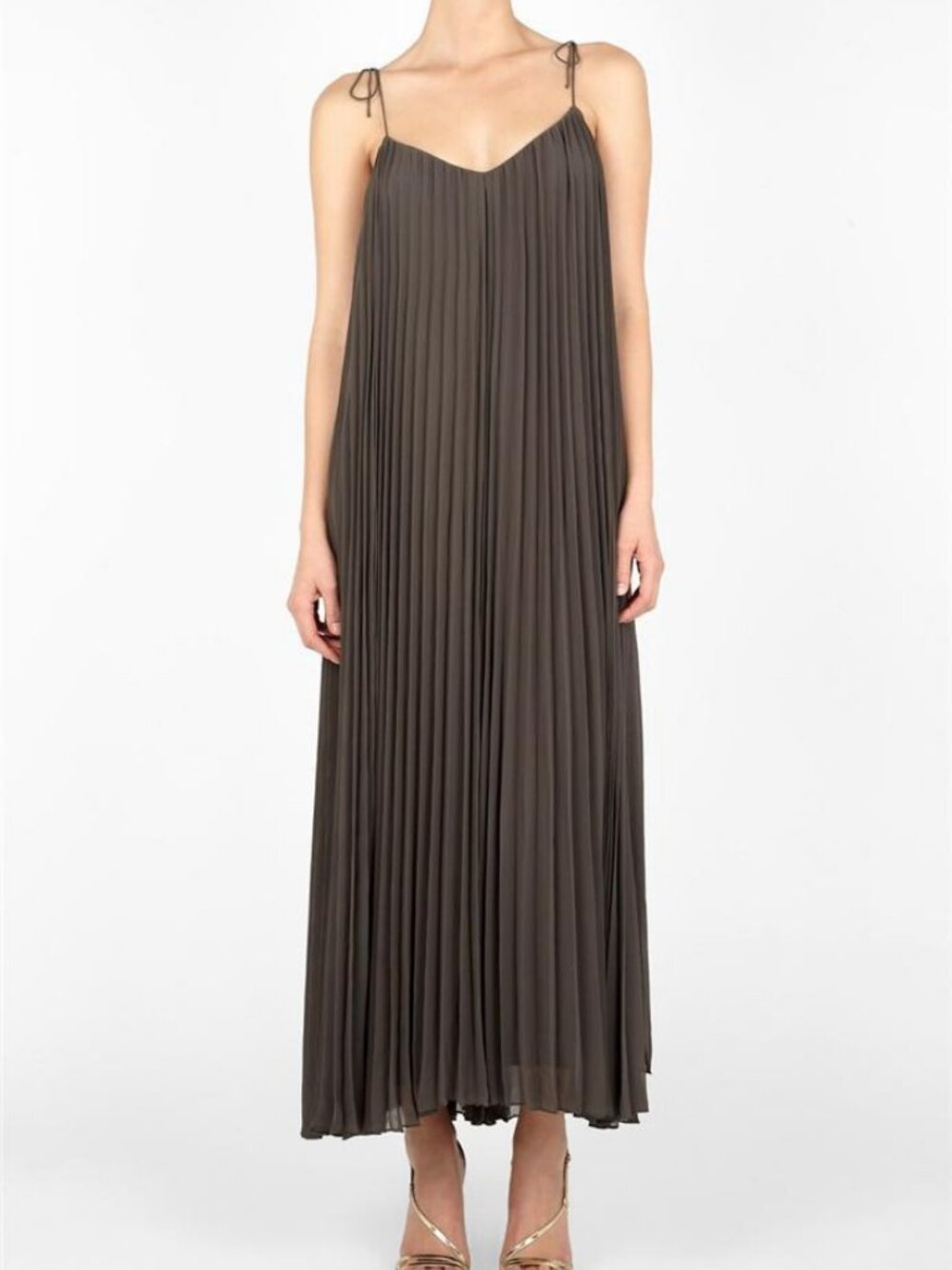 Halston Heritage Spaghetti Tie Strap Pleated Long Dress Musk HRA11CH384 Sz 2 NWT - Picture 3 of 6